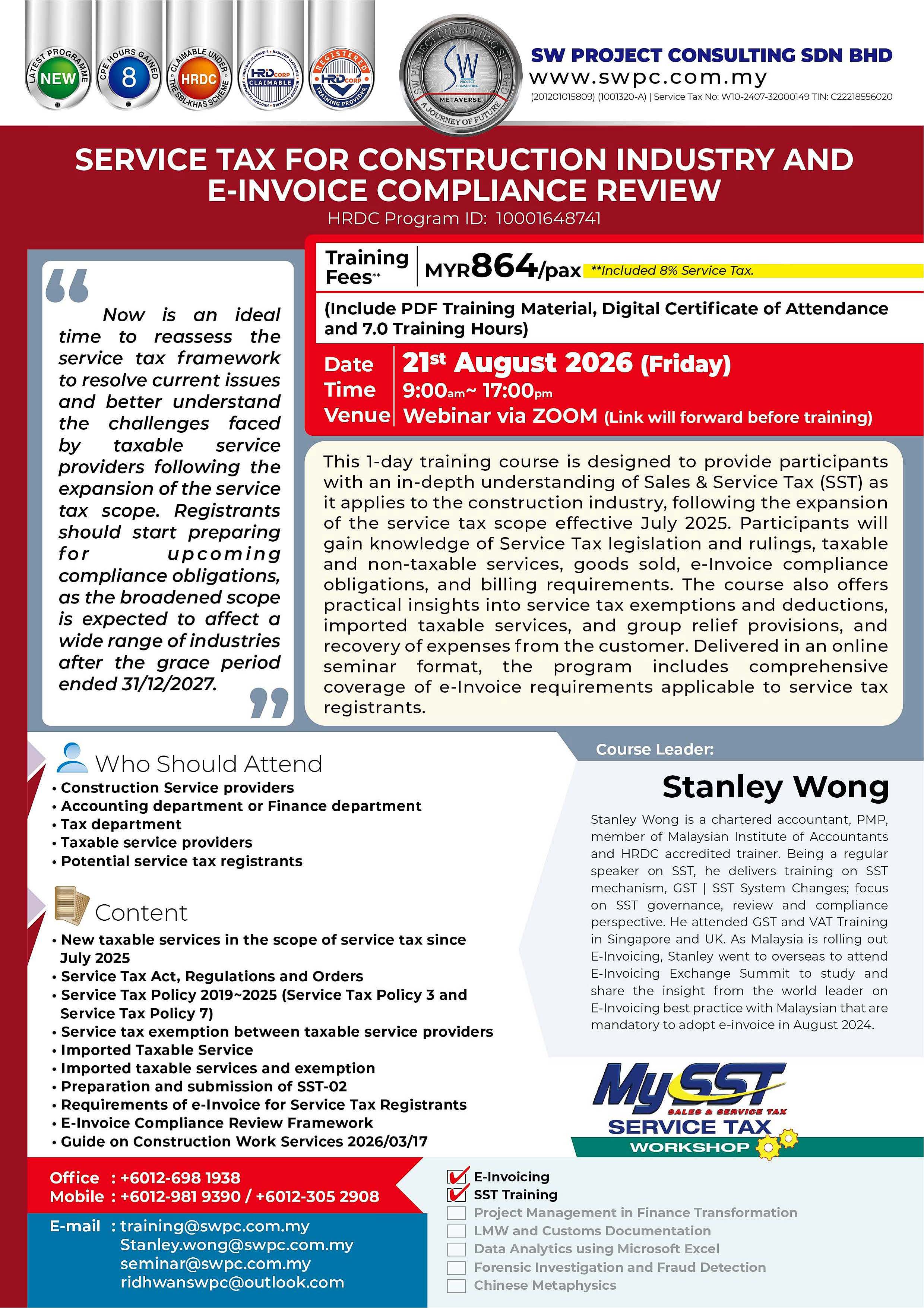 Online seminar - Service Tax for Construction Industry and e-Invoice Compliance Review